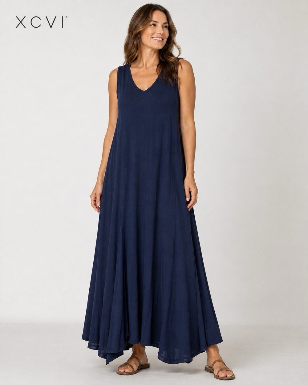 XCVI Maxi A line Tank Dress Large Navy Rayon Panel Asymmetrical Hem Lagenlook